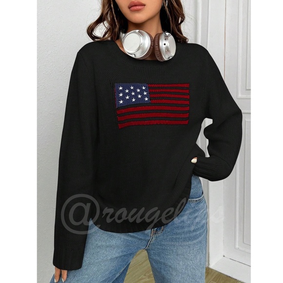 American Flag Knit Black Pullover Sweater Crew Neck Long Sleeve Drop Shoulder - Picture 5 of 7